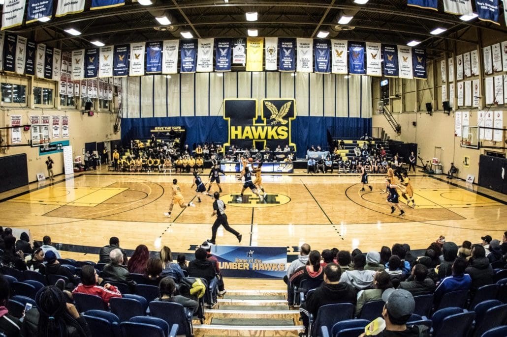 TORONTO, ON - Nov. 12, 2016: Fisheye angle from the stands in a game between the Humber Hawks and the Sheridan Bruins.